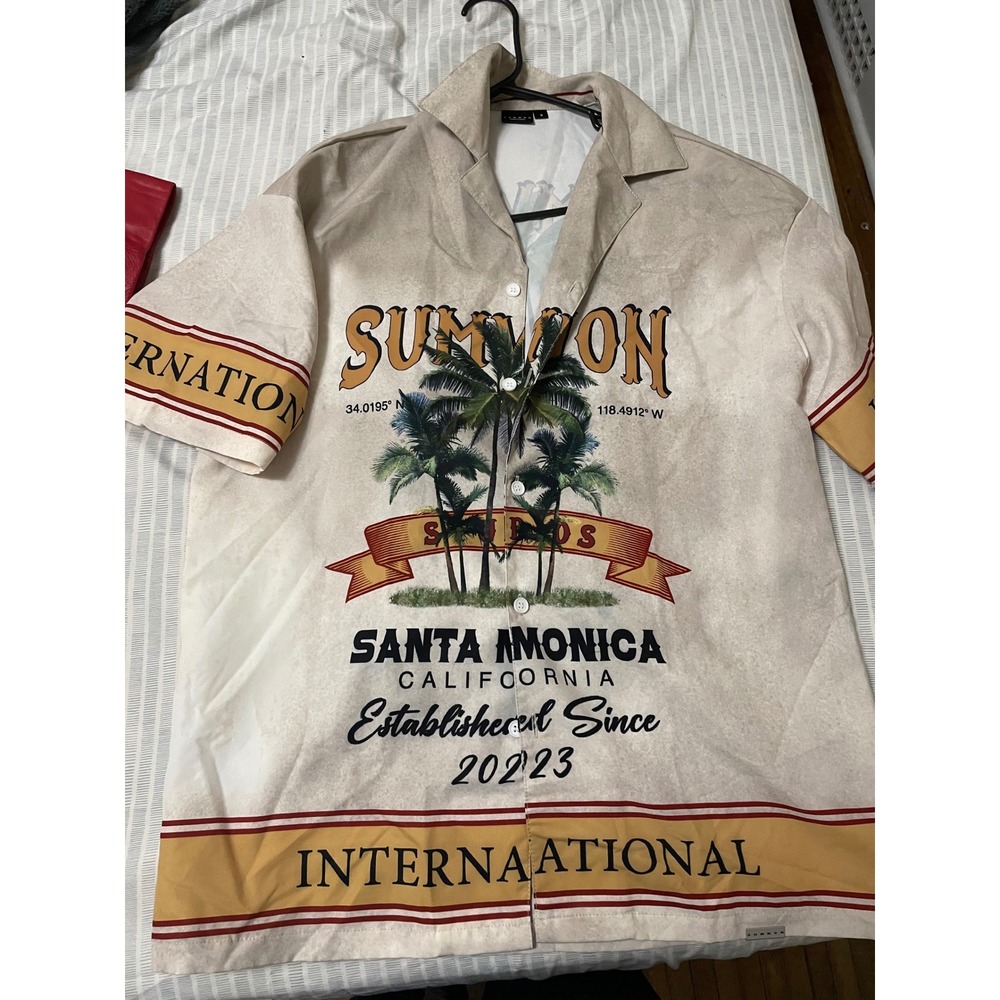 Sumwon Santa Monica California Graphic Button Up Shirt Tan Mens Small S